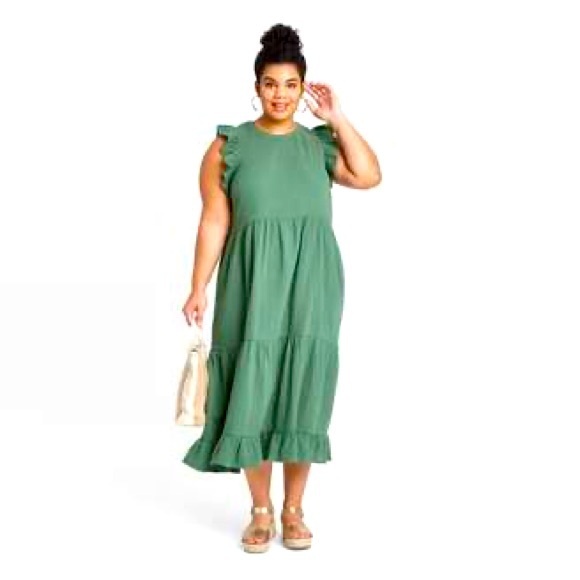 SHEIN VCAY Large Butterfly Sleeve Ruffle Hem Dress in Army Green - Picture 6 of 6